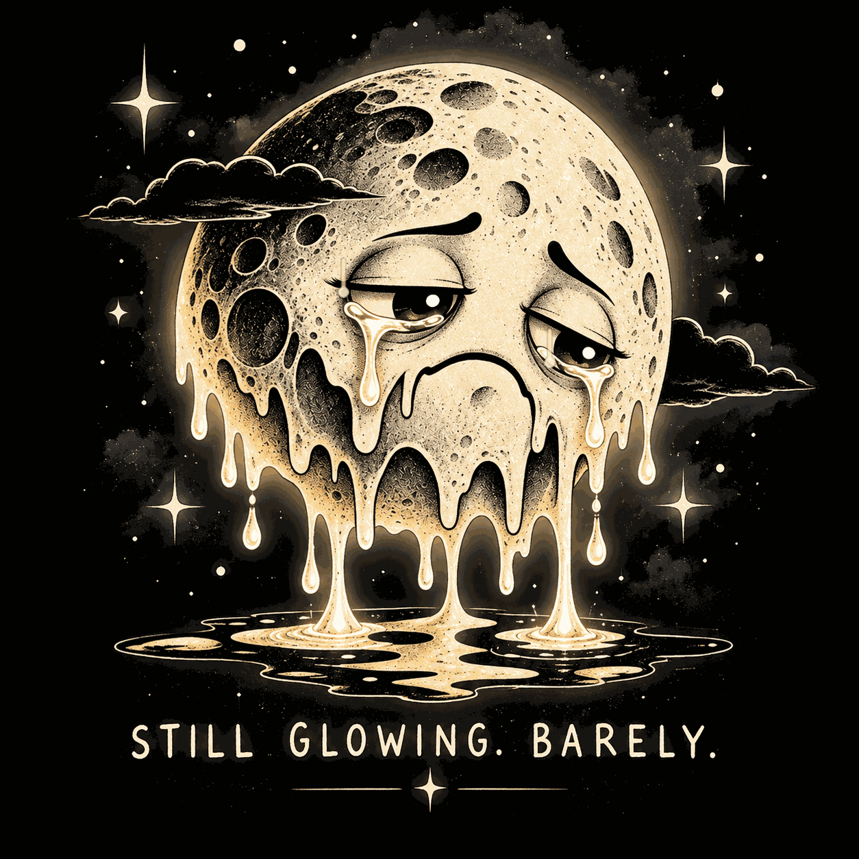 Crying, melting moon illustration with the words “Still glowing. Barely.”