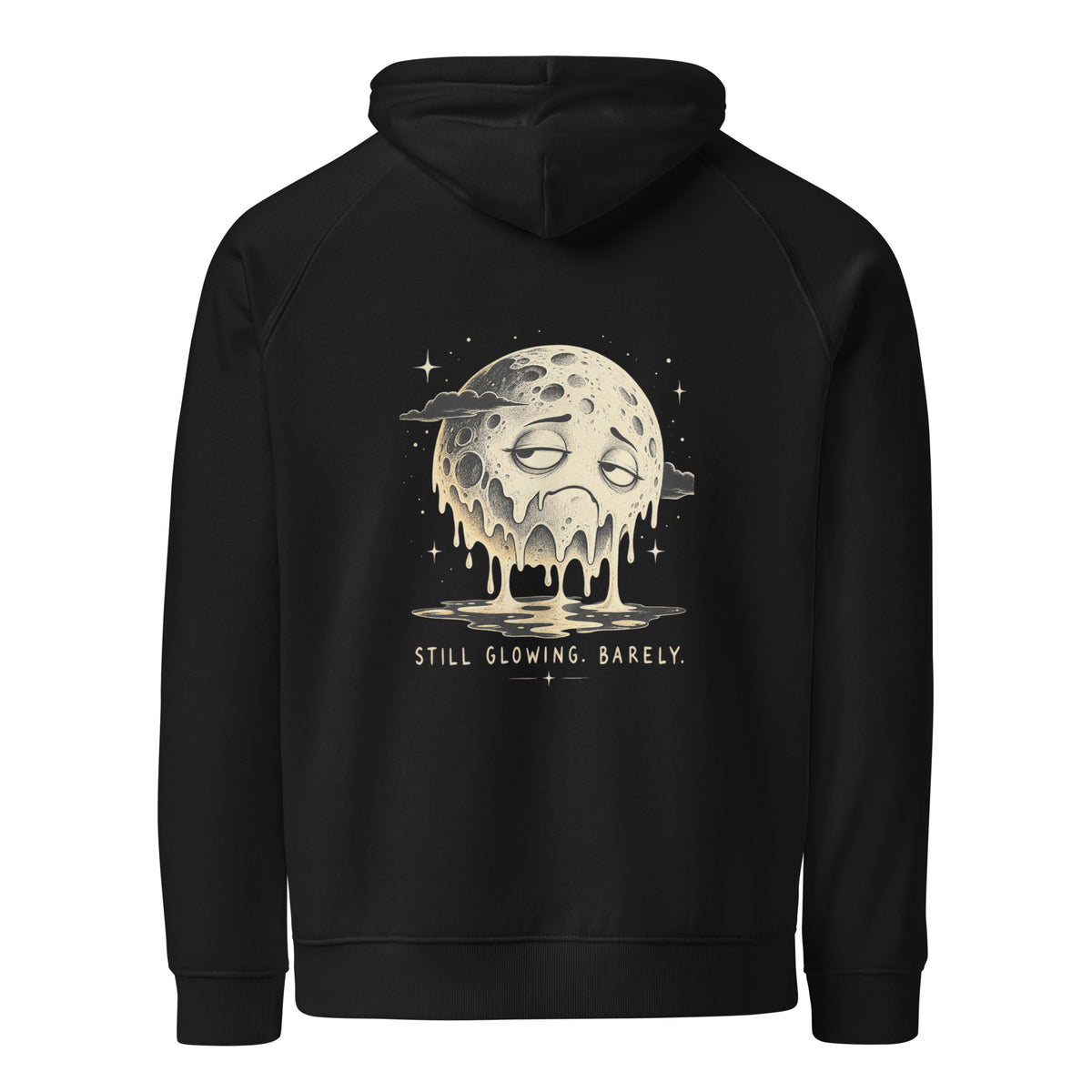 Black Melting Moon eco raglan hoodie, back view