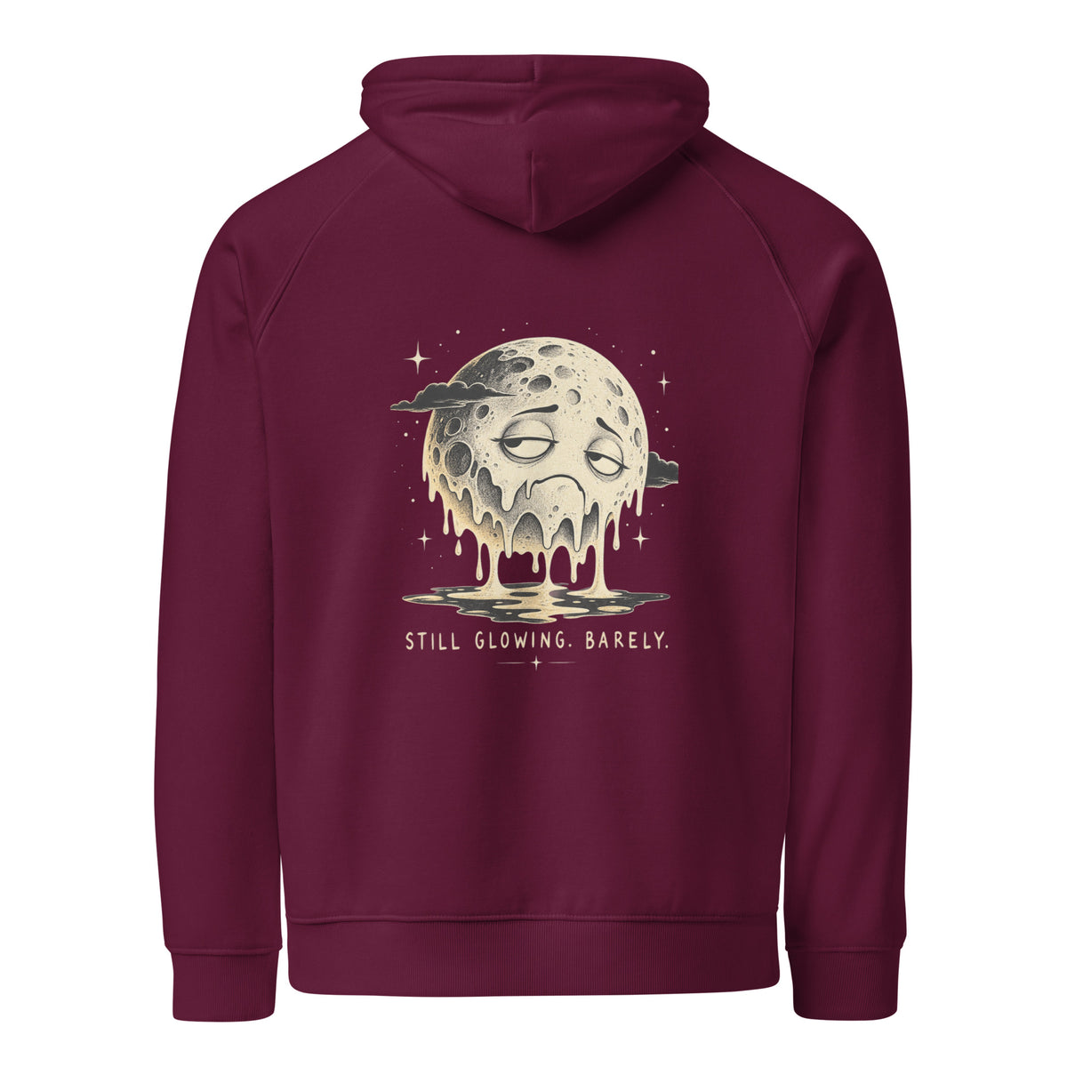 Burgundy Melting Moon eco raglan hoodie, back view