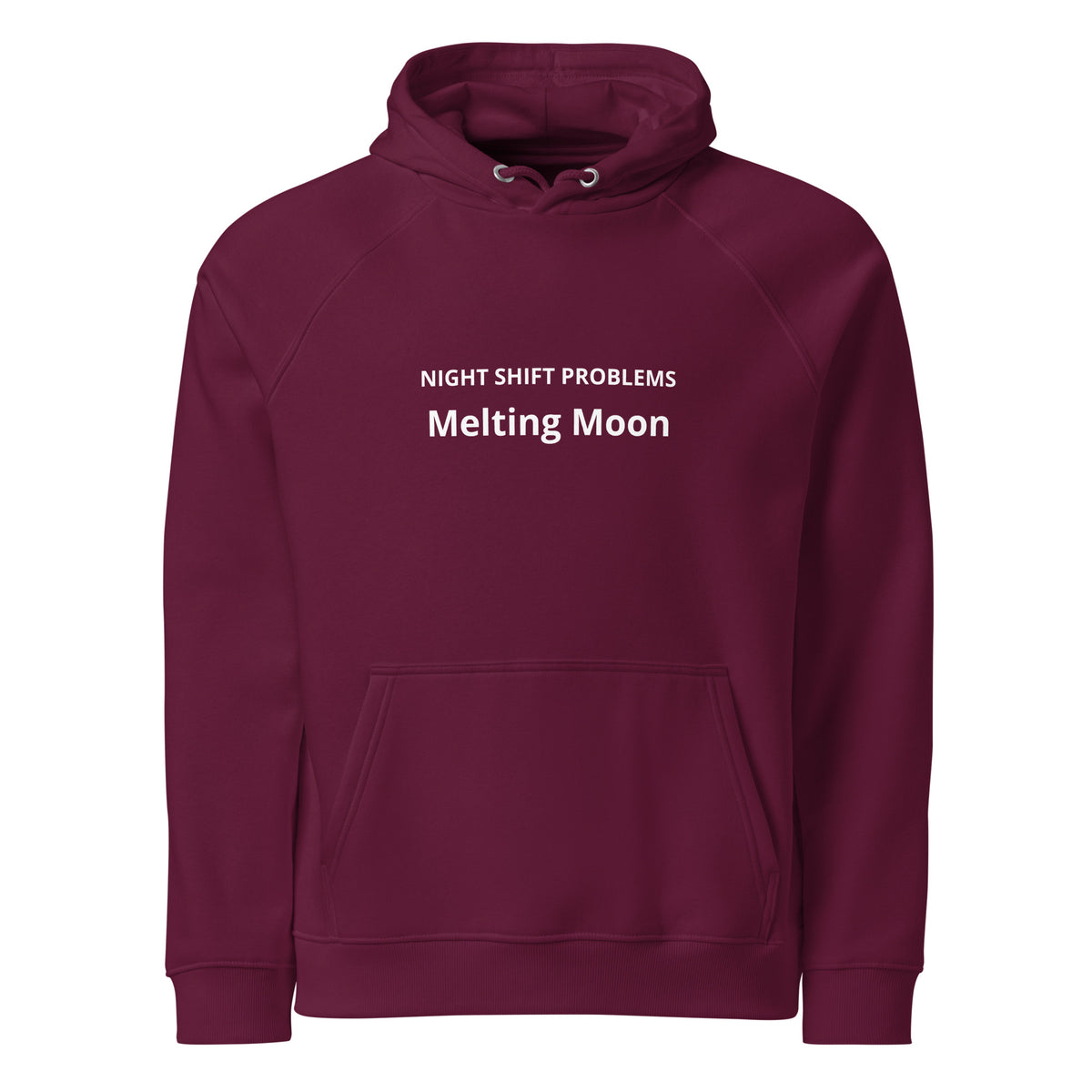 Burgundy Melting Moon eco raglan hoodie, front view