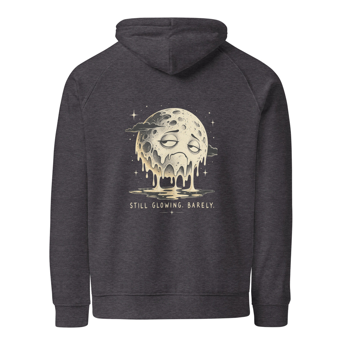 Charcoal melange Melting Moon eco raglan hoodie, back view