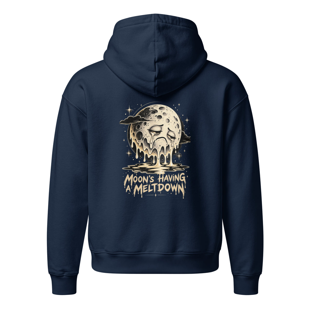 French navy Moon's Having a Meltdown hooded sweatshirt, back view
