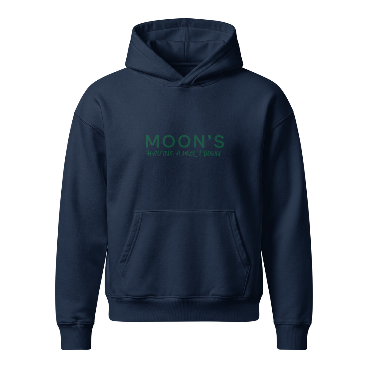 French navy Moon's Having a Meltdown hooded sweatshirt, front view