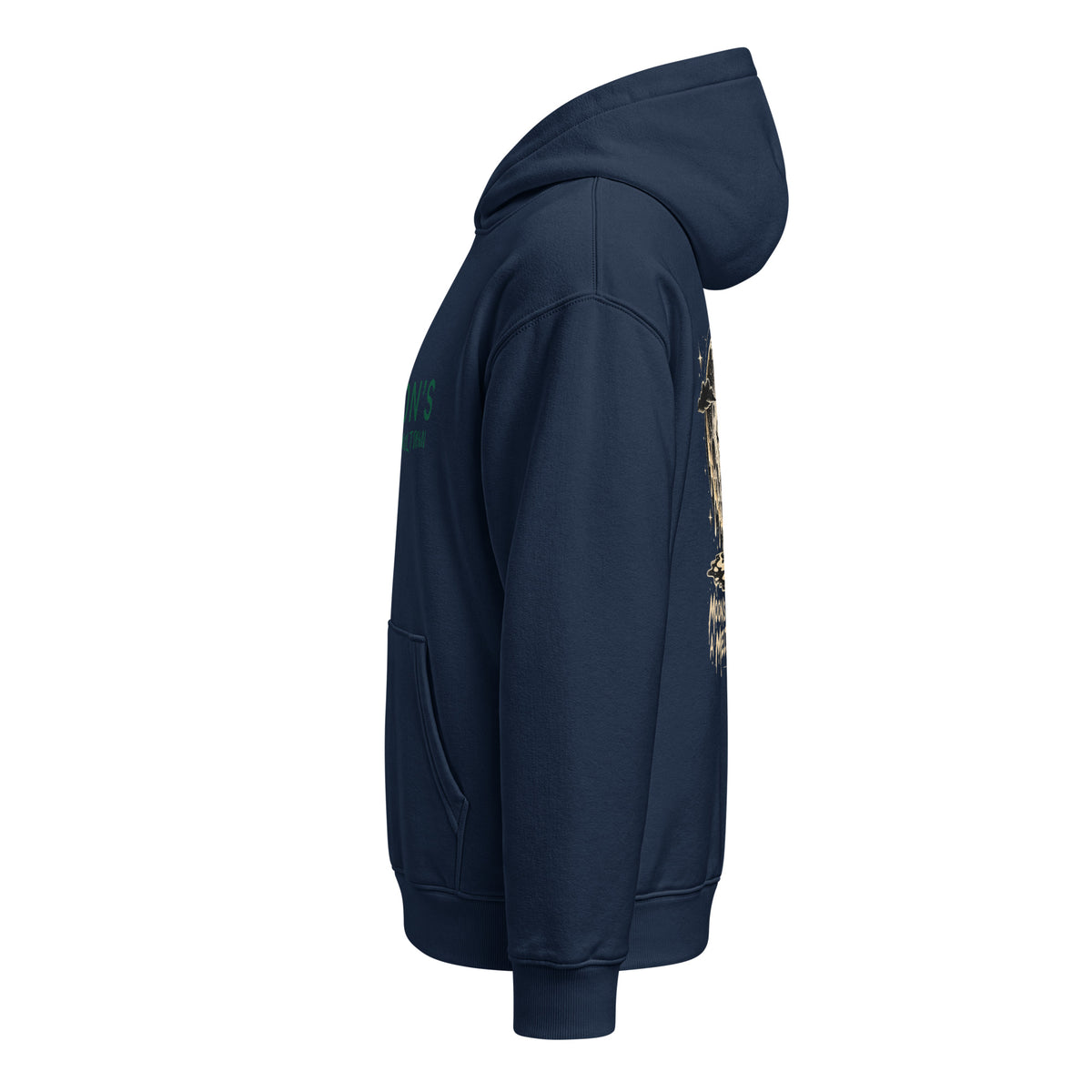 French navy Moon's Having a Meltdown hooded sweatshirt, left side view