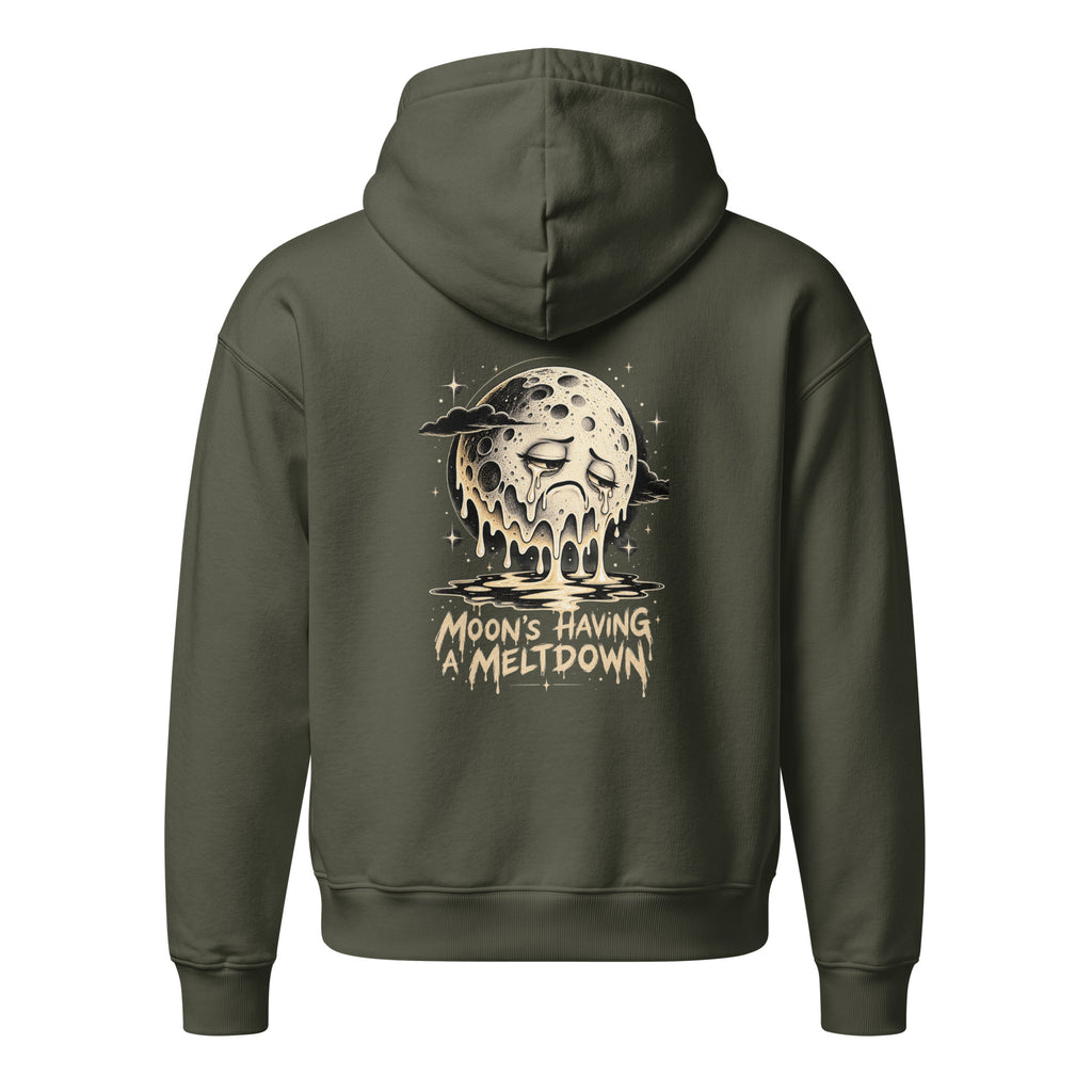 Khaki green Moon's Having a Meltdown hooded sweatshirt, back view