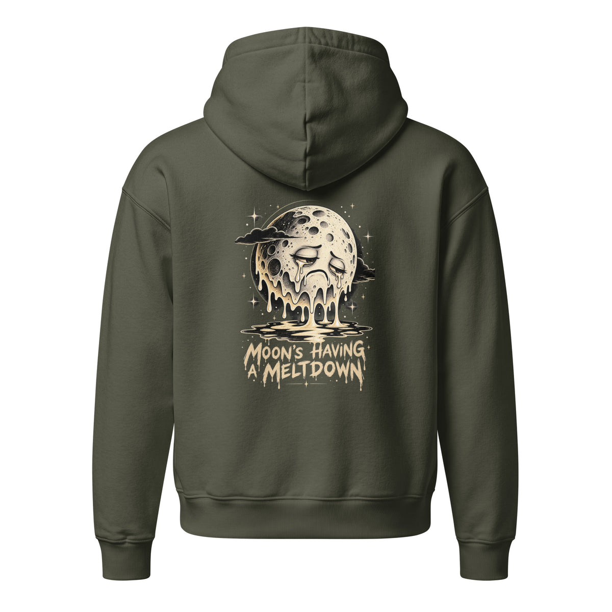 Khaki green Moon's Having a Meltdown hooded sweatshirt, back view
