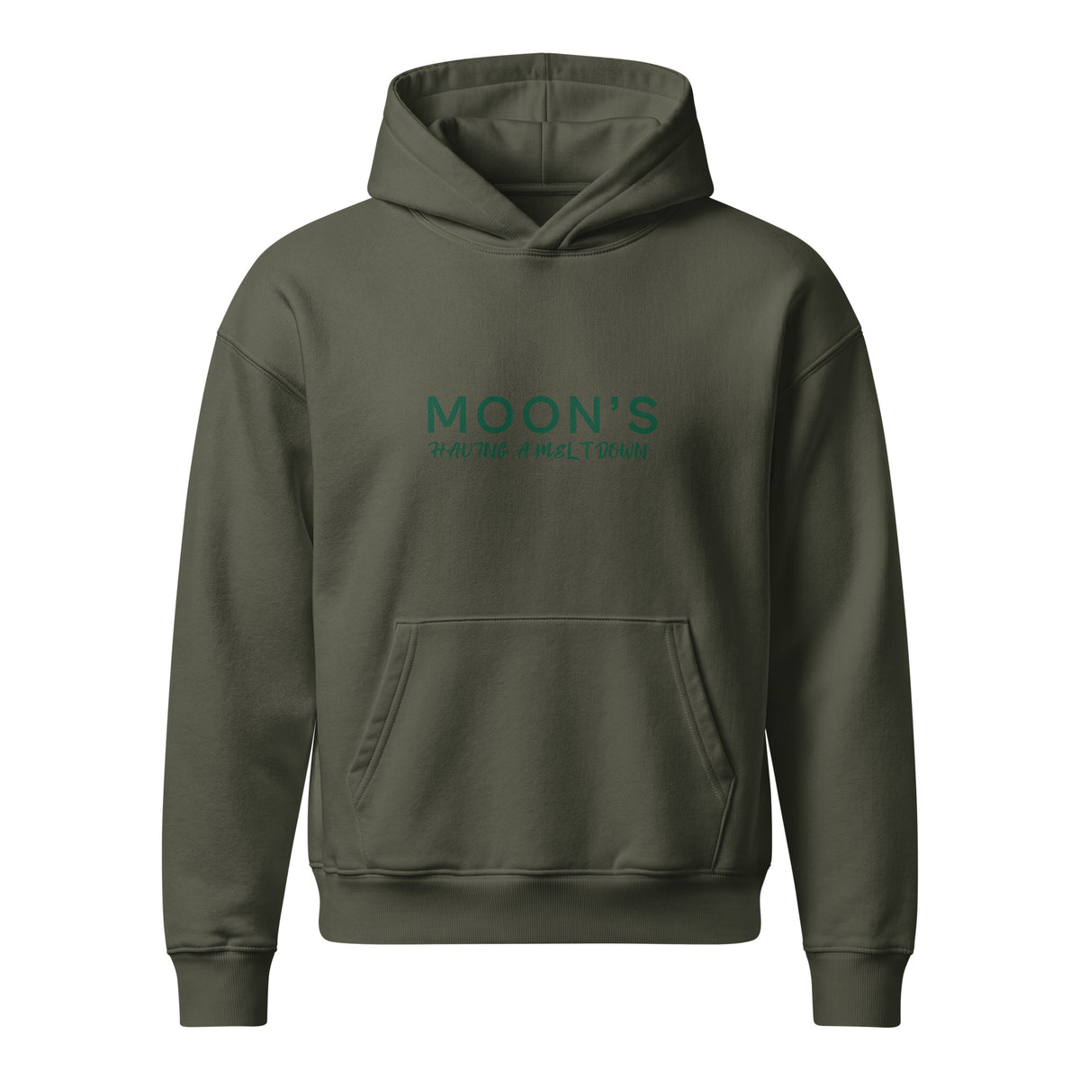 Khaki green Moon's Having a Meltdown hooded sweatshirt, front view