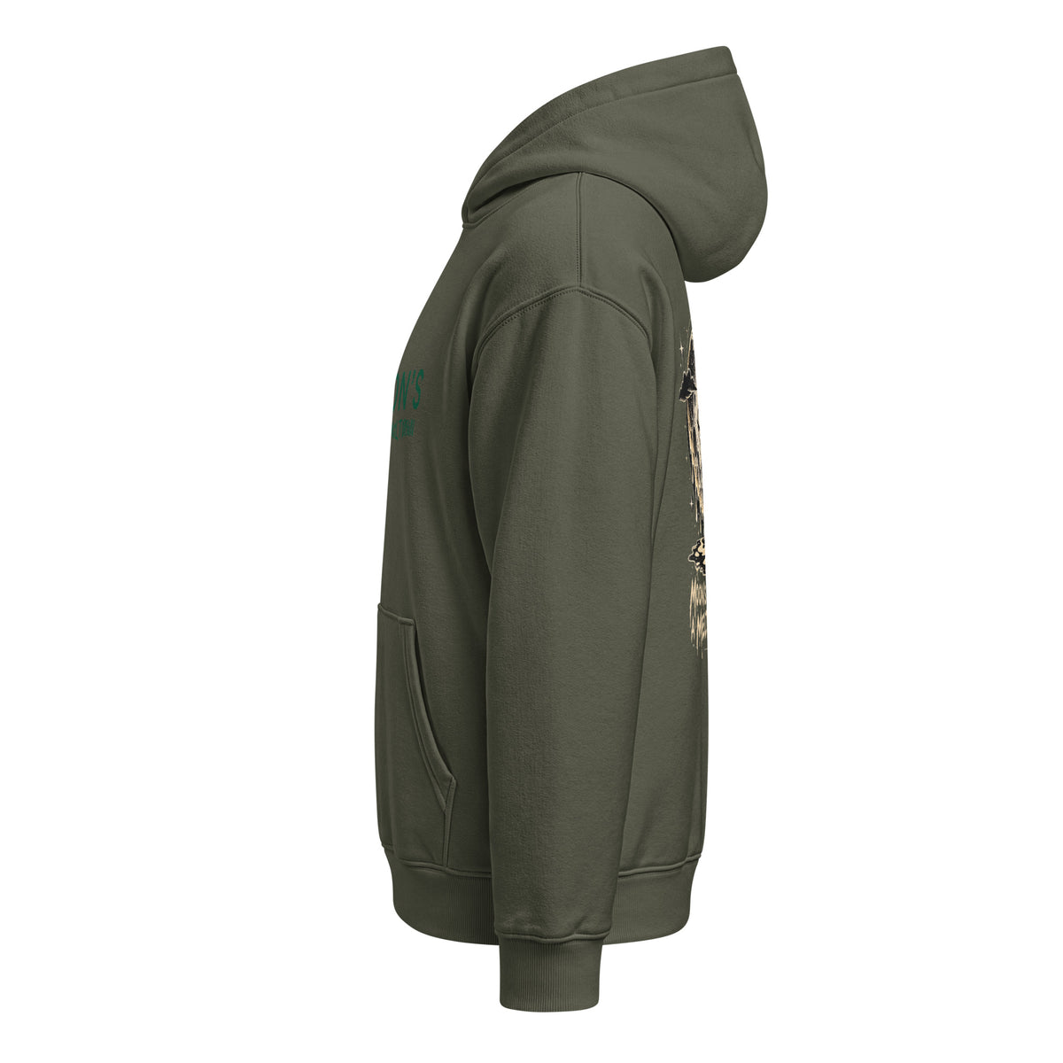 Khaki green Moon's Having a Meltdown hooded sweatshirt, left side view