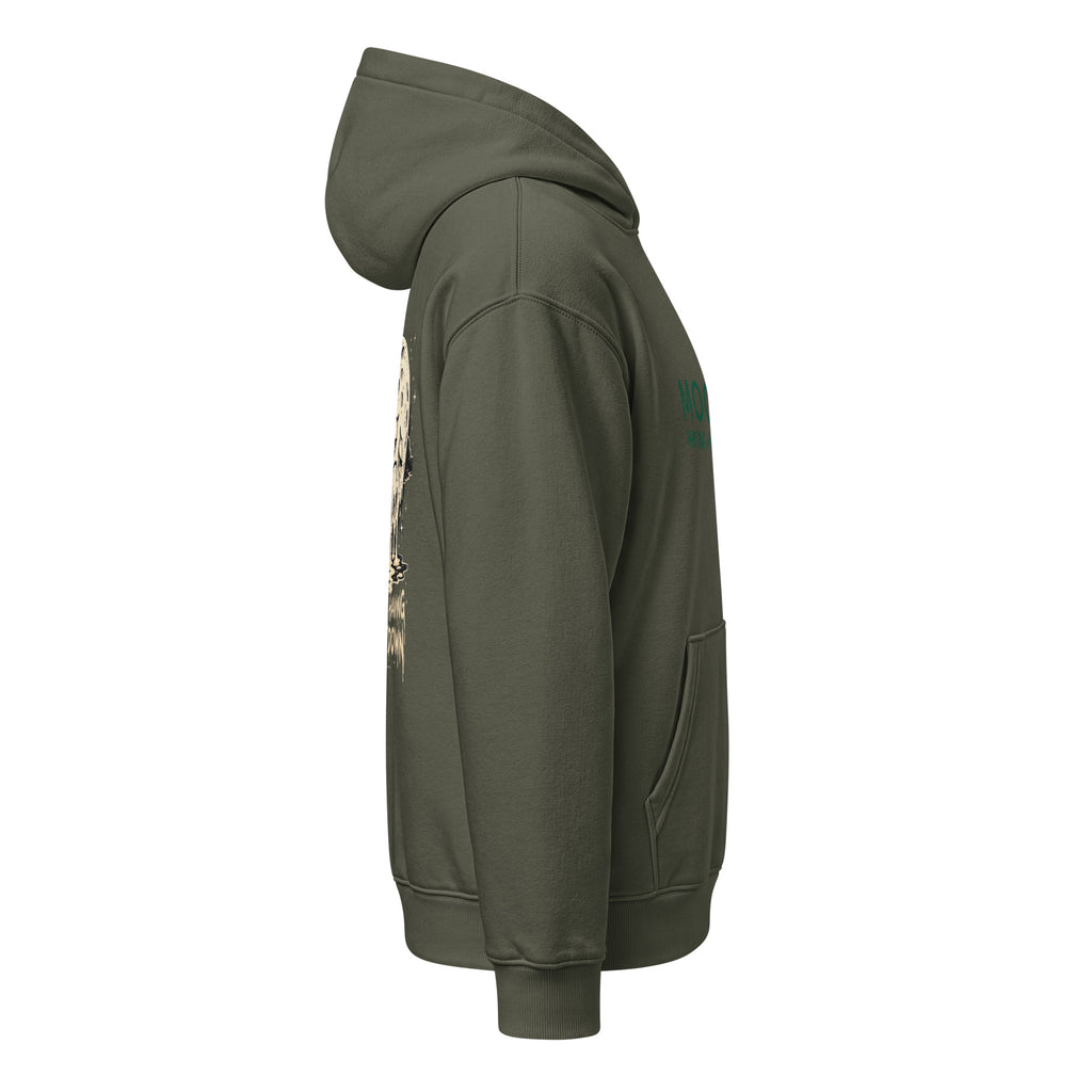 Khaki green Moon's Having a Meltdown hooded sweatshirt, right side view